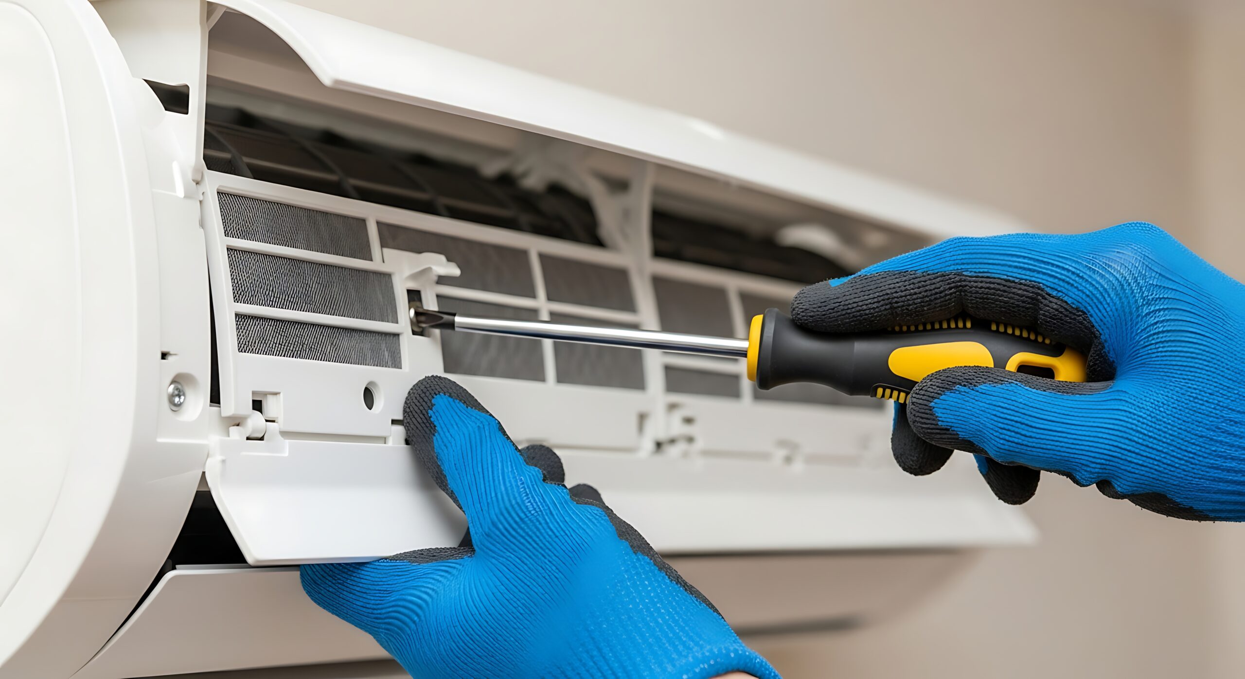 technician repairing air conditioner with screwdriver wearing blue gloves in clean indoor environment